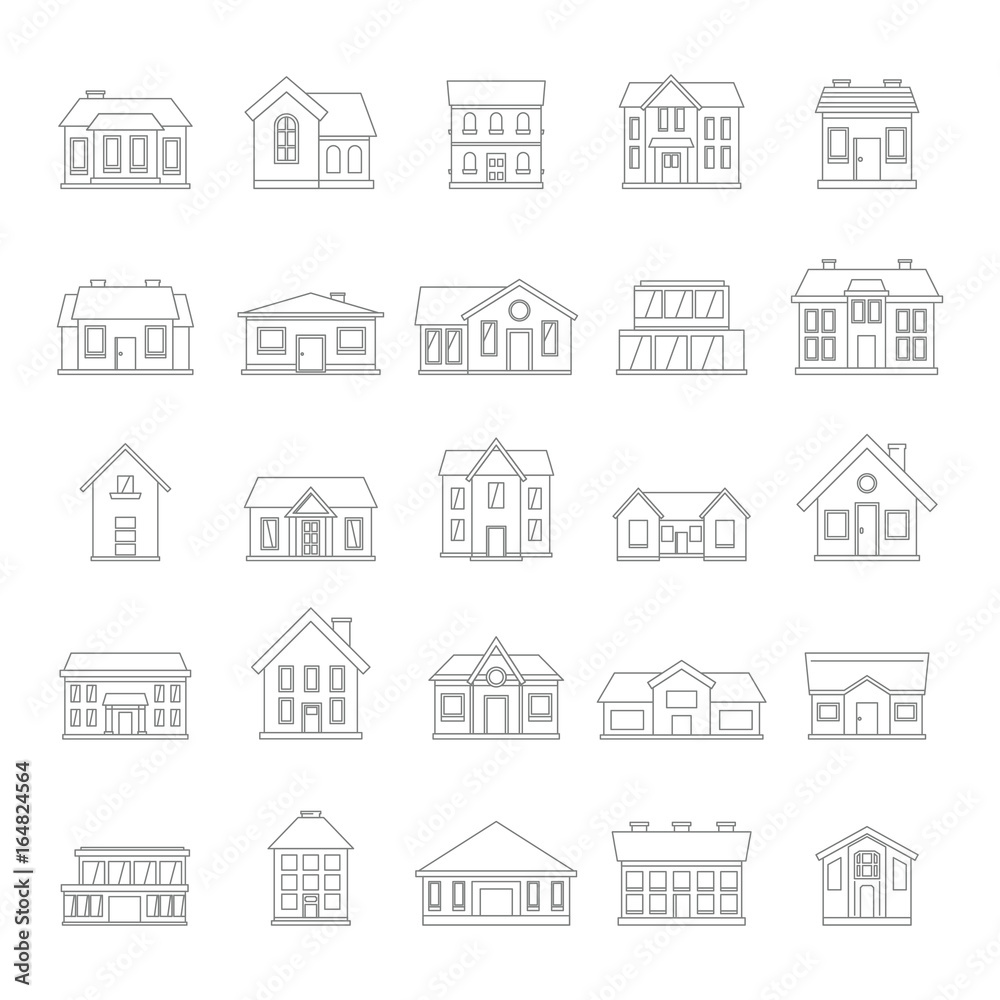 Houses icon set in thin line simple style on white background, for real estate design and web
