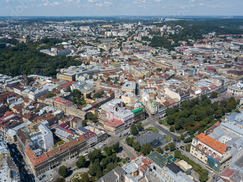 Lviv, Ukraine, panorama, downtown bird's-eye view, the historical part of the city, of drone