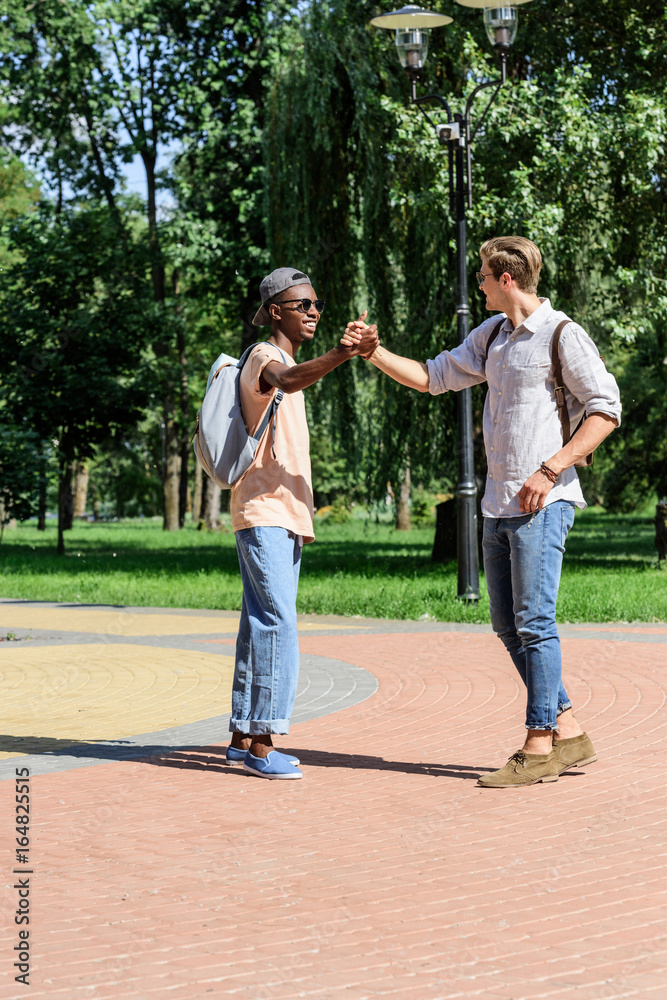 multicultural young men holding hands together in park