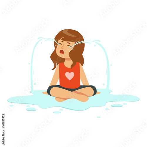Weeping girl character sitting on the floor in a puddle of tears vector Illustration