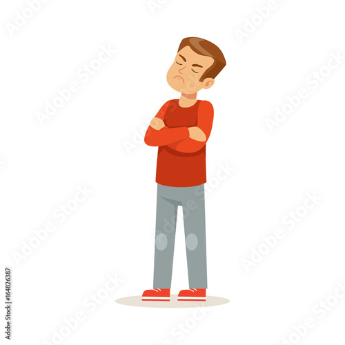 Offended boy character standing with folded arms vector Illustration