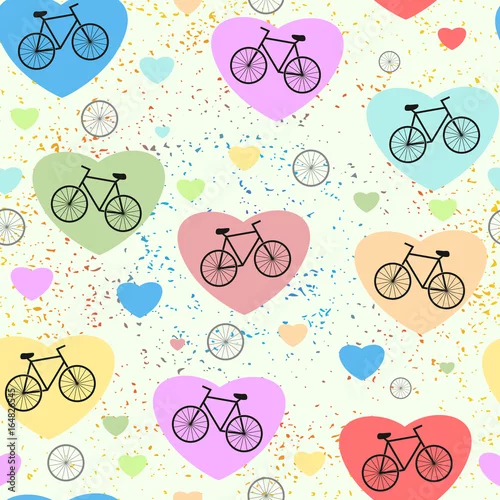 Fototapeta Piękny kolorowy wektor wzór z rowerami i serca Uwielbiam rower.