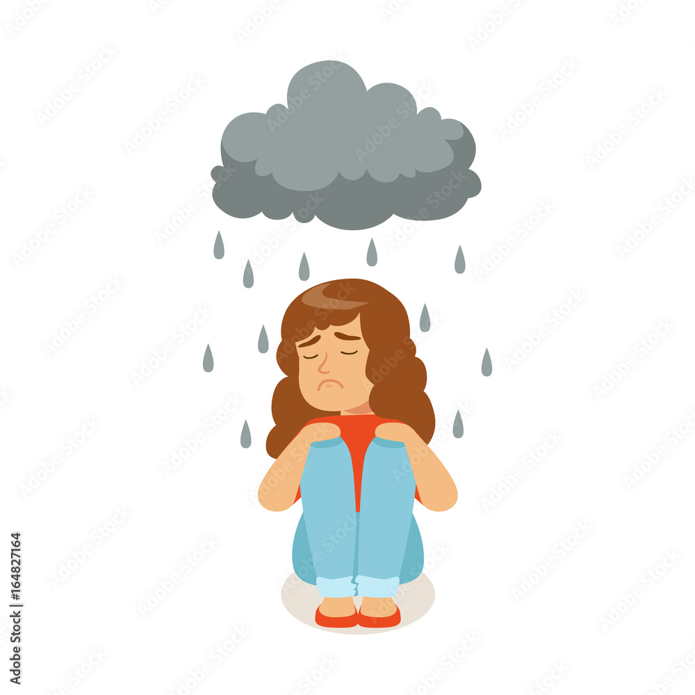 Sad girl character sitting under stormy rainy clouds character vector Illustration Sad girl character sitting under stormy rainy clouds character vector Illustration