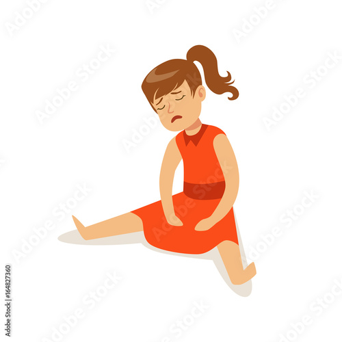 Frustrated sad girl character on red dress sitting on the floor vector Illustration