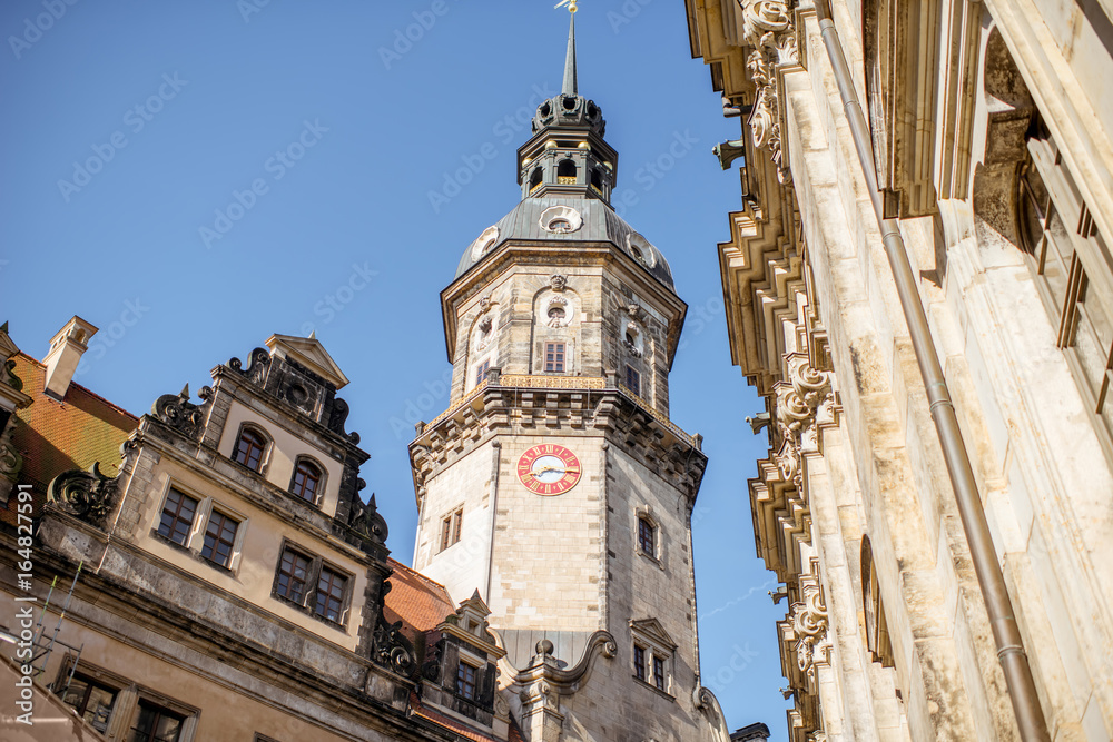 Fototapeta premium Close-up view on the Hausmannsturm tower of the old castle in Dresden, Germany