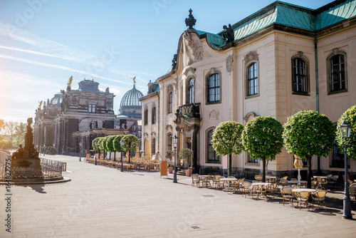 Morning view on the Bruhl terrace with university building in Dresden city, Germany photo