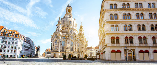Panoramic view on the main city square with famous church of Our Lady during the sunrise in Dresden city, Germany
