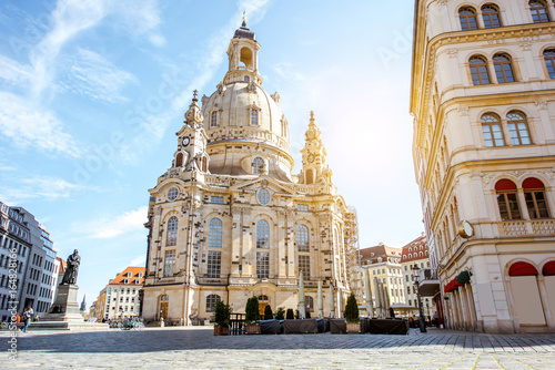 View on the main city square with famous church of Our Lady during the sunrise in Dresden city, Germany photo