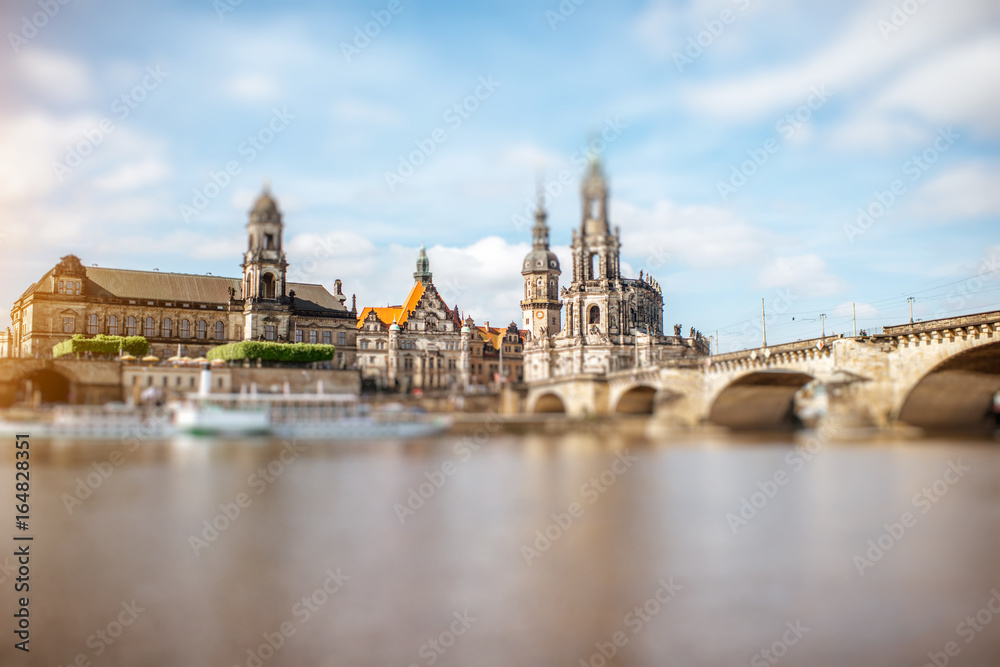 Panoramic view on the riverside of the old town during the sunny weather in Dresden city, Germany