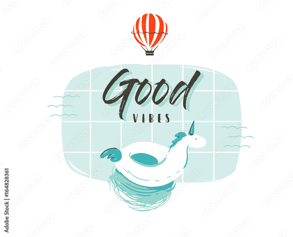 Hand drawn vector abstract cartoon summer time fun illustration with cute unicorn buoy ring in swimming pool and modern typography quote Good vibes isolated on white background Hand drawn vector abstract cartoon summer time fun illustration with cute unicorn buoy ring in swimming pool and modern typography quote Good vibes isolated on white background