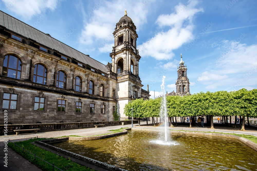 Vew on the Court of Appeal building with fountain on the Bruhl terrace in Dresden city, Germany