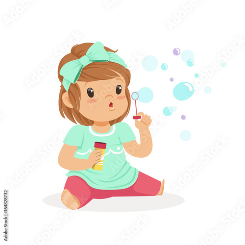 Adorable little girl sitting blowing bubbles vector Illustration