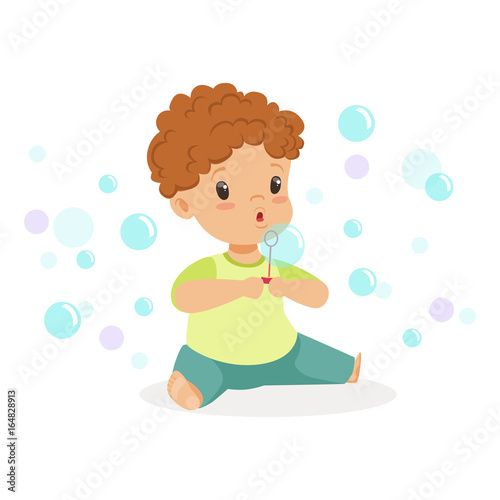 Adorable little boy sitting blowing bubbles vector Illustration