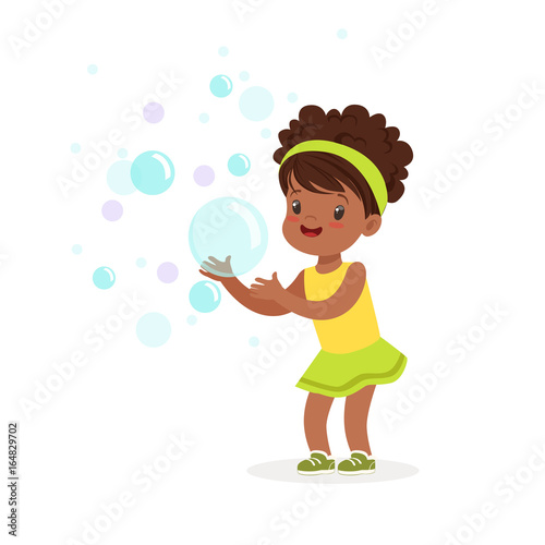 Cute smiling little girl playing bubbles vector Illustration