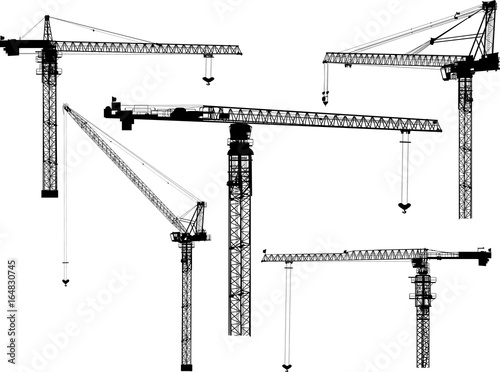 five building cranes black silhouettes on white