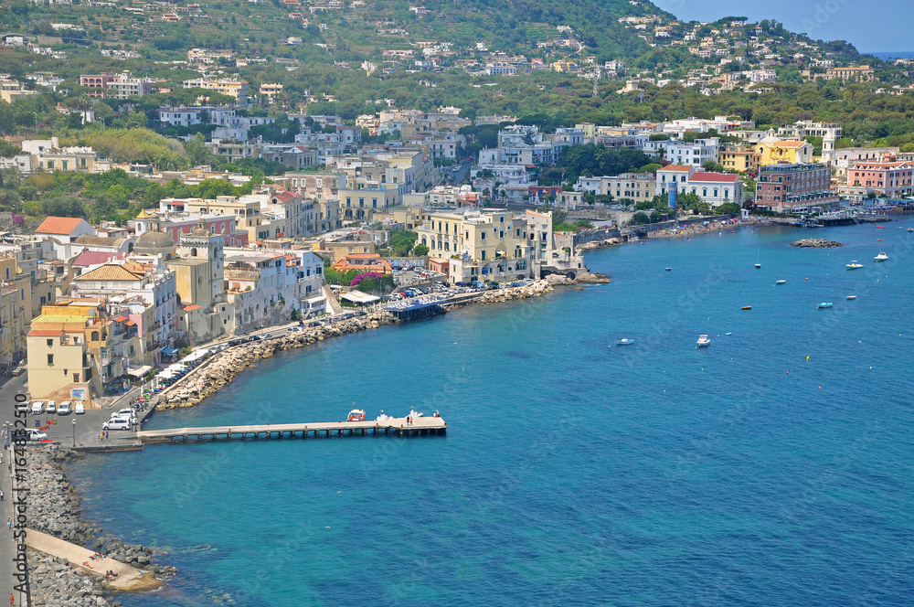 The view from the terraces of the Aragonese castle on Ischia island, a magnificent Bay and bridge