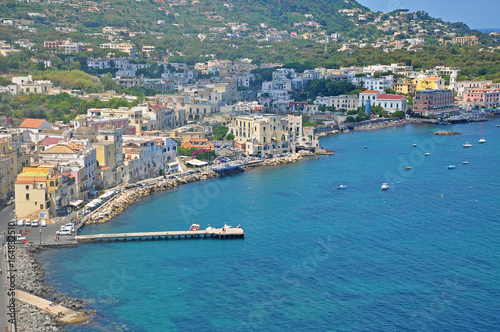 The view from the terraces of the Aragonese castle on Ischia island, a magnificent Bay and bridge