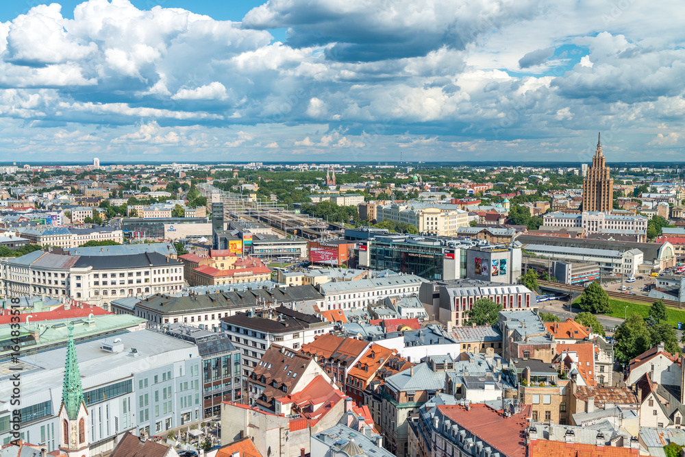 RIGA, LATVIA - JULY 7, 2017: Panoramic aerial city view. Riga attracts 2 million tourists annually