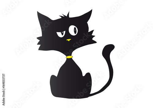 Fototapeta Naklejka Na Ścianę i Meble -  Cartoon black cat silhouette in bad mood with yellow nose and collar