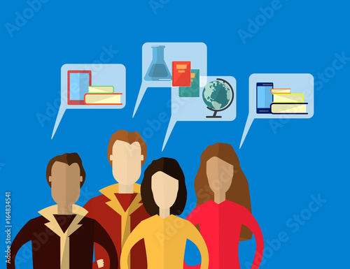 Mans and Women with Speech Bubbles thinking about Education. Flat vector illustration photo