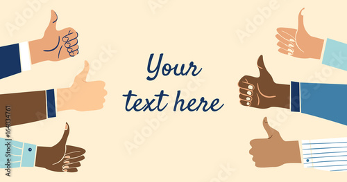 Six multiethnic, diverse business hands showing the thumbs up sign