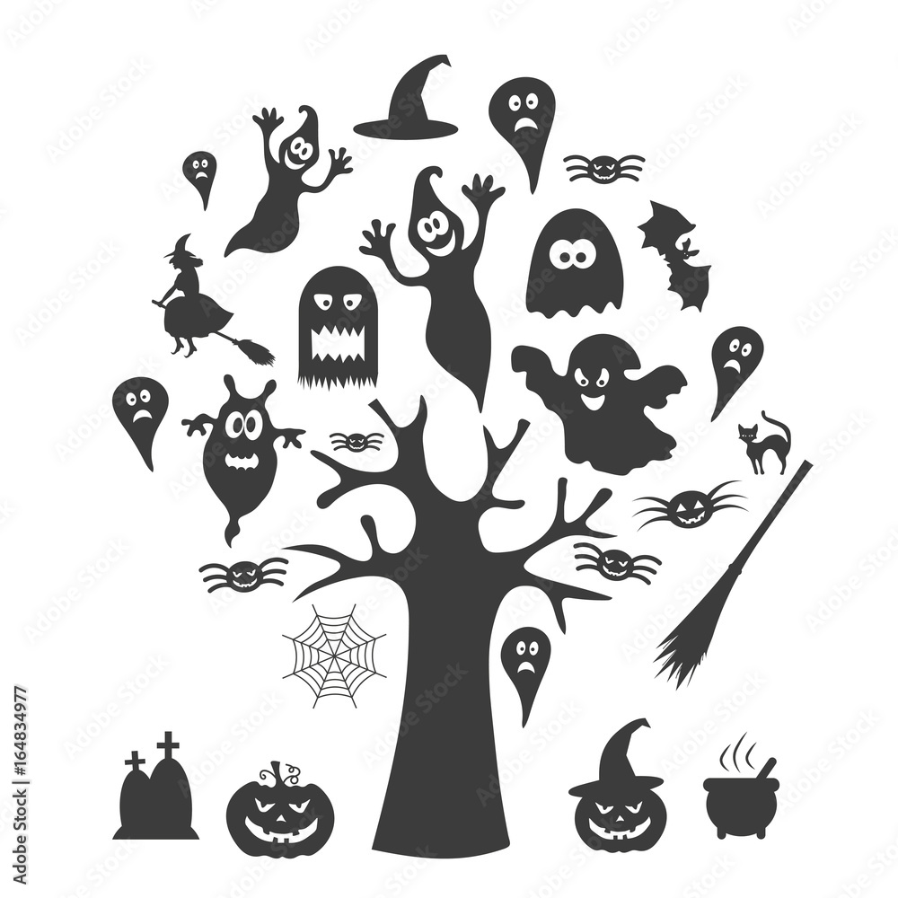 Black icons for Halloween. A tree with ghosts. Vector illustration. Black icons for Halloween. A tree with ghosts. Vector illustration.