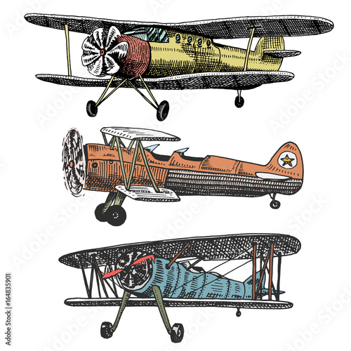 set of passenger airplanes corncob or plane aviation travel illustration. engraved hand drawn in old sketch style, vintage transport.