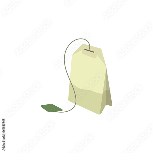 Vector green tea bag flat isolated illustration on a white background. Cartoon herbal tea bag. Healthy beverage, lifestyle concept