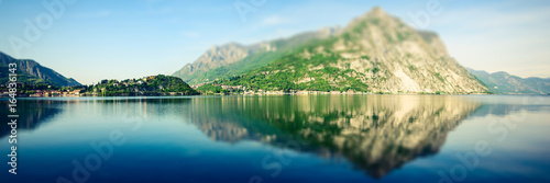 Como Lake panoramic view - green Bellagio peninsula - Lombardia Italy - defocus effect