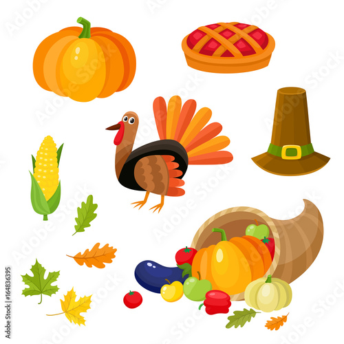 Set of colorful thanksgiving symbols - turkey, pumpkin, pilgrim hat, corn, pie, horn of abundance, cartoon vector illustration isolated on white background. Cartoon set of thanksgiving symbols
