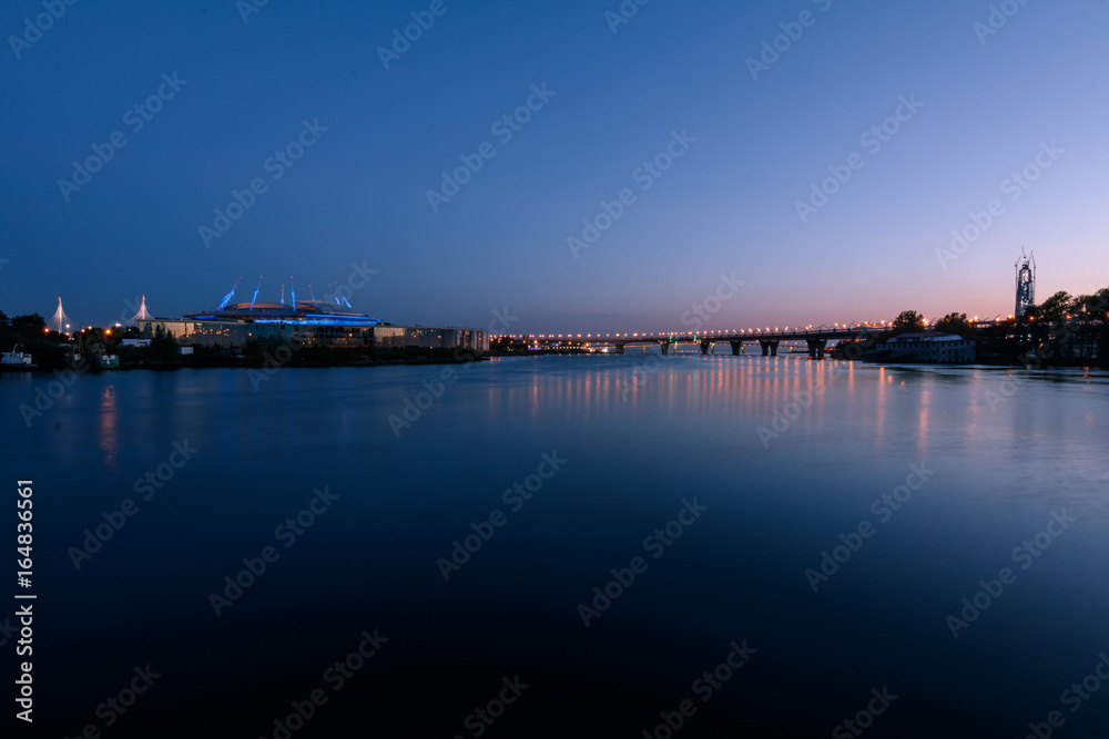 Night over the water area of the Neva Bay/ View of the Neva Bay at night, Saint Petersburg, Russia