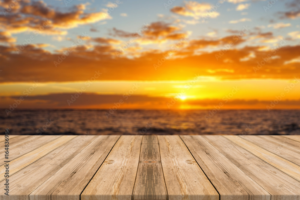 Wooden table with beach Wooden table with beach