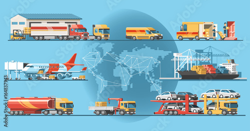 Delivery service concept. Container cargo ship loading, truck loader, warehouse, plane, train. Flat style vector illustration. photo