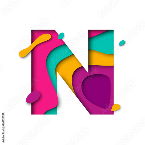 Paper cut letter N. Realistic 3D multi layers papercut isolated white background