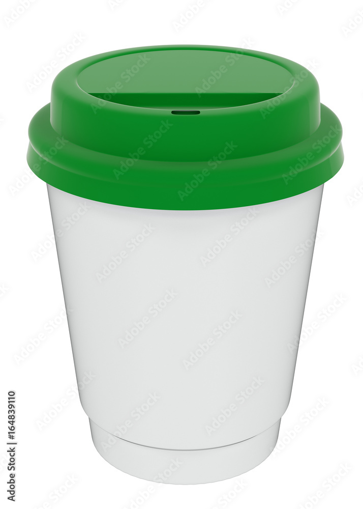 3D illustration of a mockup cardboard cup of coffee or tea to takeaway with green plastic cap. With shadow on white background 3D illustration of a mockup cardboard cup of coffee or tea to takeaway with green plastic cap. With shadow on white background