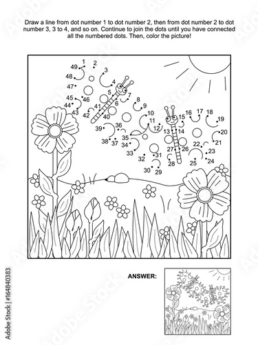 Connect The Dots Picture Puzzle And Coloring Page Spring Or Summer Joy Themed With Butterflies Flowers Grass Answer Included Stock Vector Adobe Stock