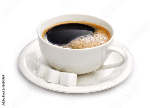 Cup of  black coffee and sugar cubes isolated on white background