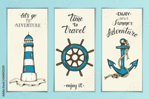 Vintage nautical banners with hand drawn vector anchor, lighthouse, wheel and hand made lettering, sketch. Can be used for layout, advertising and web design.