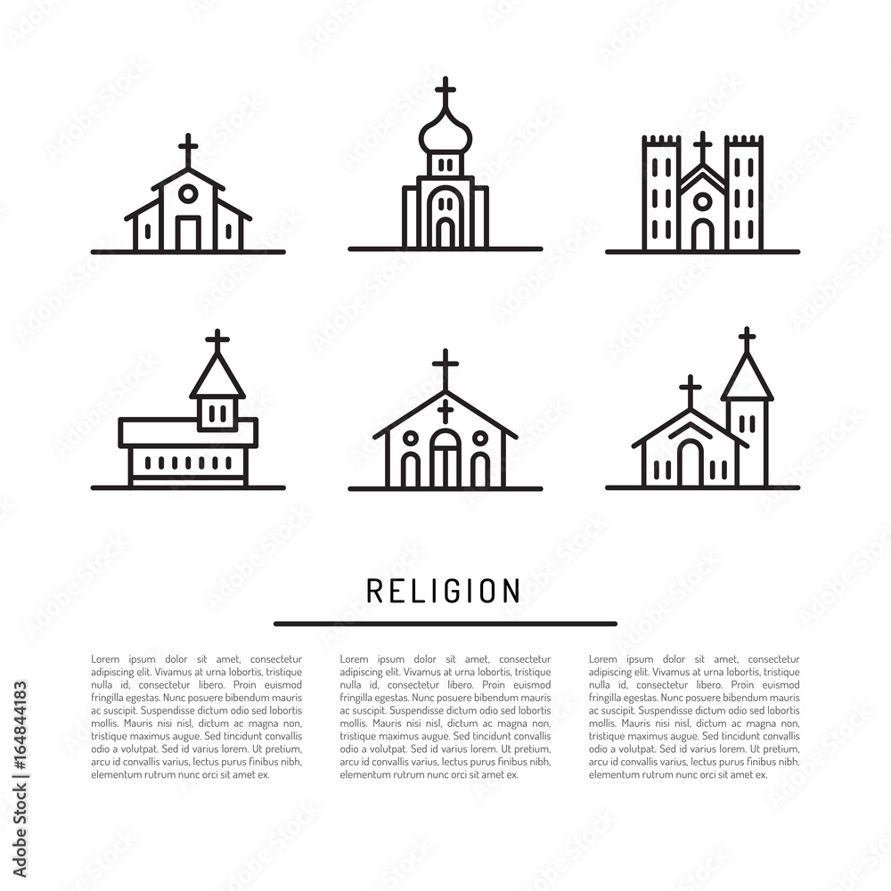 Set of vector icons of temples and churches of the major religions, Islam, Christianity, Judaism, Buddhism. Vector icons of Church buildings isolated on white background