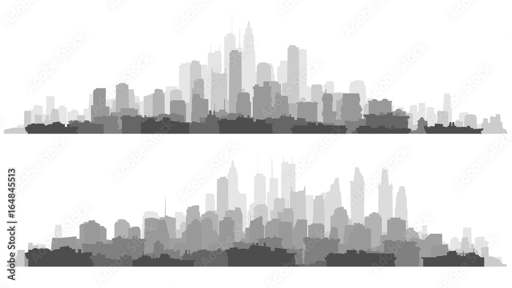 Horizontal line silhouettes of houses and skyscrapers.