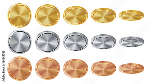 Empty 3D Gold, Silver, Bronze Coins Vector Blank Set. Realistic Template. Flip Different Angles. Investment, Web, Game App Interface Concept. Coin Icon, Sign, Banking Cash Symbol. Currency Isolated