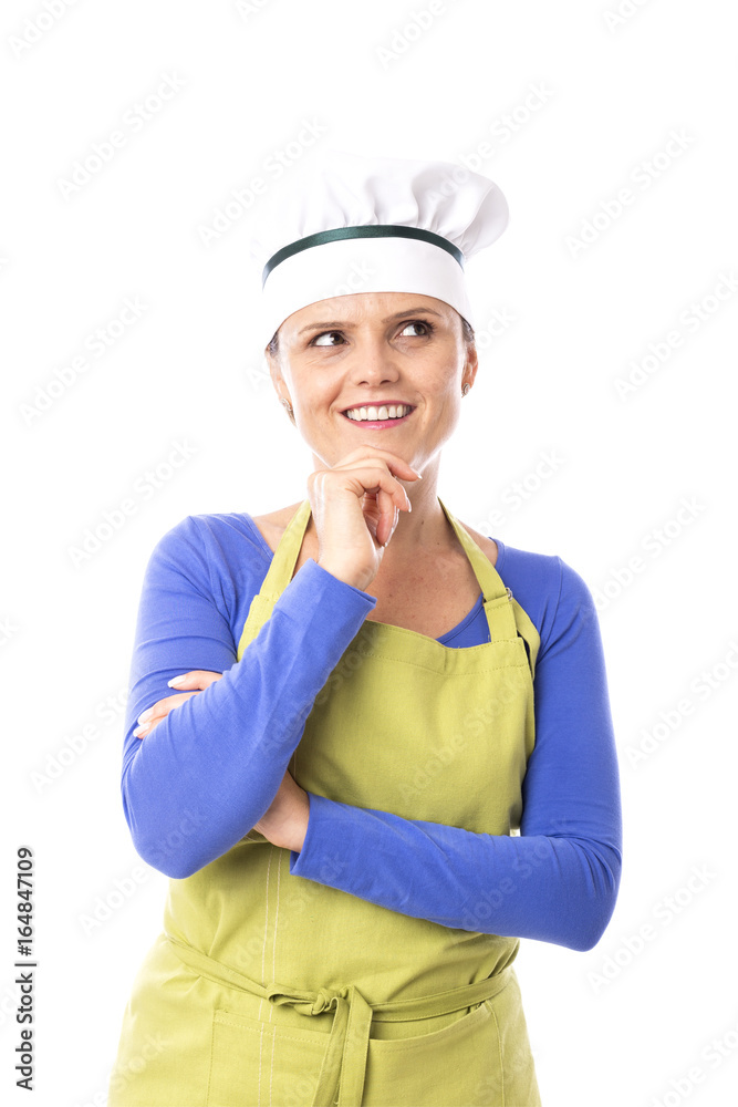 Beautiful chef woman smiling and having an idea Beautiful chef woman smiling and having an idea