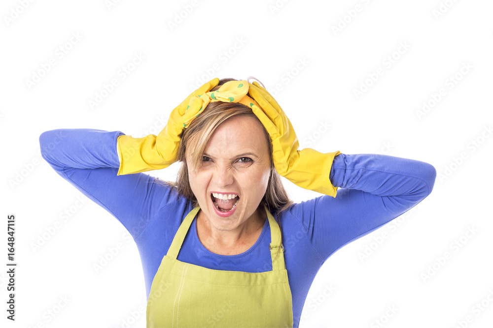 multitasking job mom feel crazy insane and tired busy screaming for rest with yellow cleaning gloves
