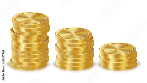 Gold Coins Stacks Vector. Golden Finance Icons, Sign, Success Banking Cash Symbol. Investment Concept. Realistic Currency Isolated Illustration