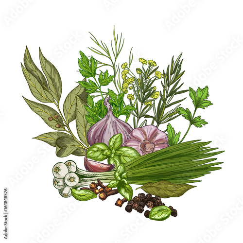 Heap of culinary herbs and spices, full color