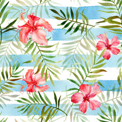 Fotobehang Hibiscus patronen Aquarel hibiscus tropische bladeren strepen  © inna72