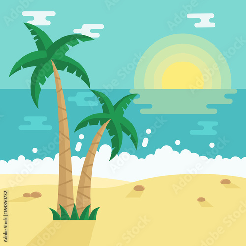 Summer Beach with Tropical Palm trees. Vector illustration in flat style.