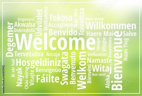 Welcome sign in multiple languages on natural green blurry background