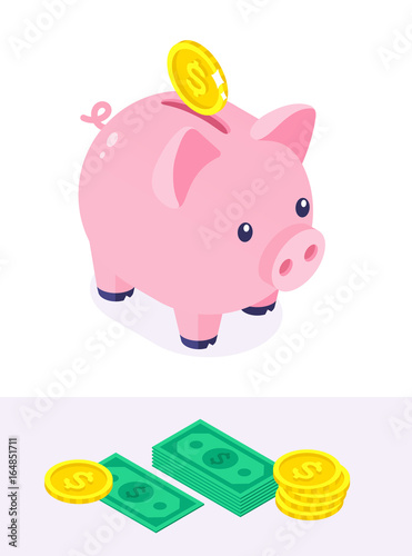Isometric Piggy Bank With Money (ID: 164851711)