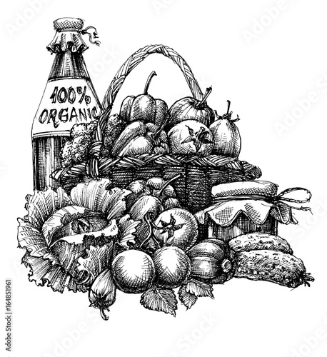 Wallpaper Mural Organic food design, basket with vegetables and fruits, bottle of olive oil Torontodigital.ca